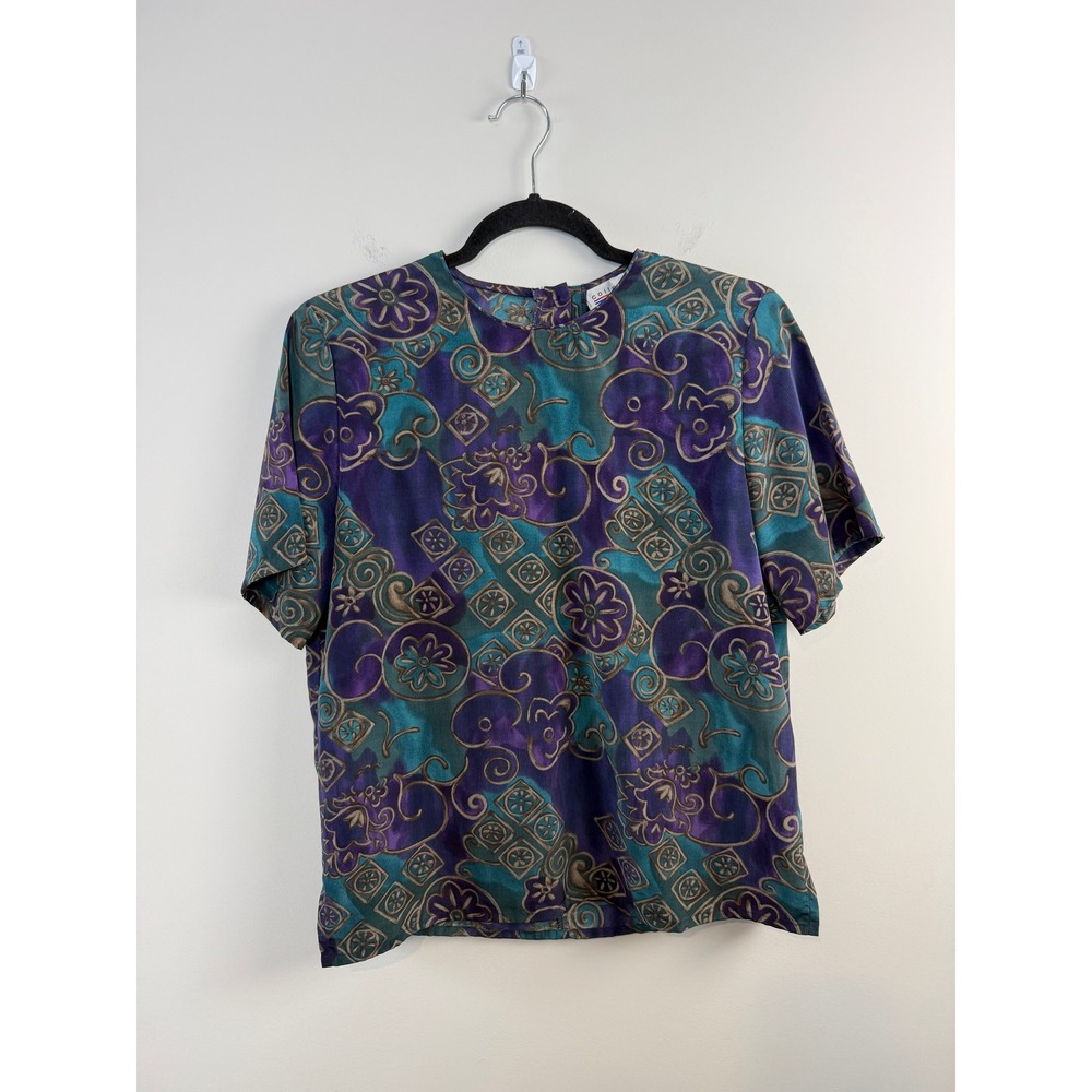 VTG 90s Collections Internationale Blouse S Purple Teal Gold Abstract Geometric